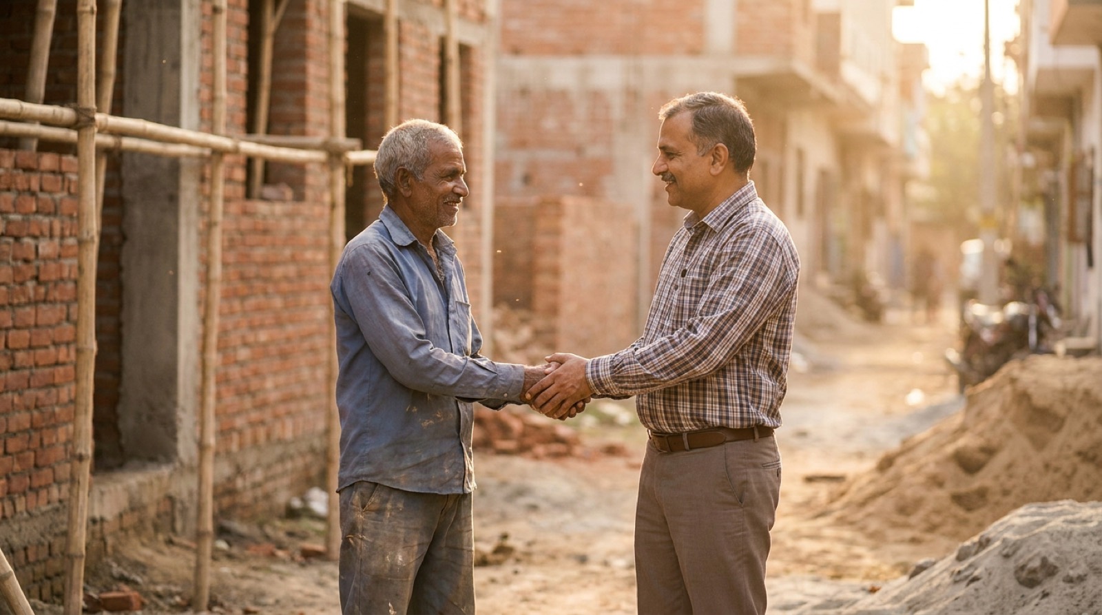A mason and an employer shaking hands at a building site in India