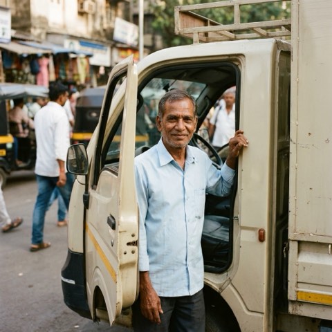 A driver beside a tempo truck