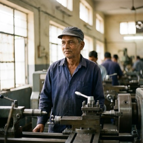 A factory worker at a lathe in a workshop