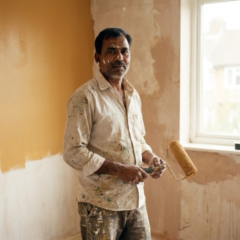 A painter with a roller at a half painted wall