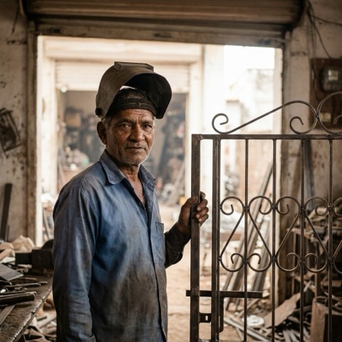 A welder beside an iron gate